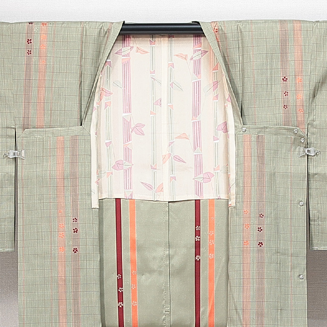 道行コート 袷 身丈132cm 裄丈66cm 正絹 Sランク Mサイズ インフォーマル ポケットあり 格子 桜 緑系 1263-14846