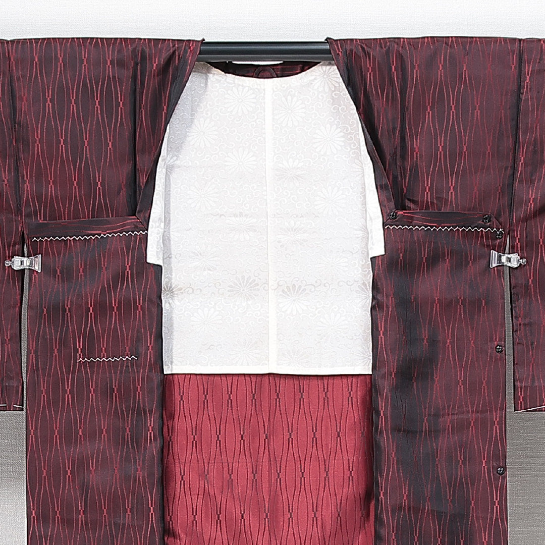 道行コート 単衣 身丈129cm 裄丈66cm 正絹 Sランク Mサイズ フォーマル ポケットあり よろけ縞 黒系 赤系 1263-14750