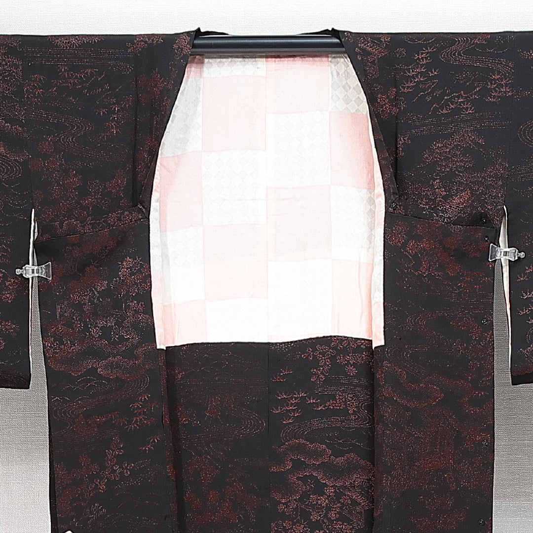 道行コート 袷 身丈86cm 裄丈61cm 正絹 Sランク セミフォーマル Sサイズ ポケットあり 風景柄 黒系 RP 1237-14839