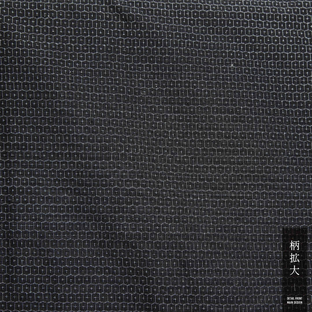 未使用品 男着物 (大島紬) 袷 身丈146cm 裄丈67cm 正絹 Nランク インフォーマル 棒衿 Lサイズ 緯総絣 しつけ糸 亀甲絣 紺系 M4 1224-13993