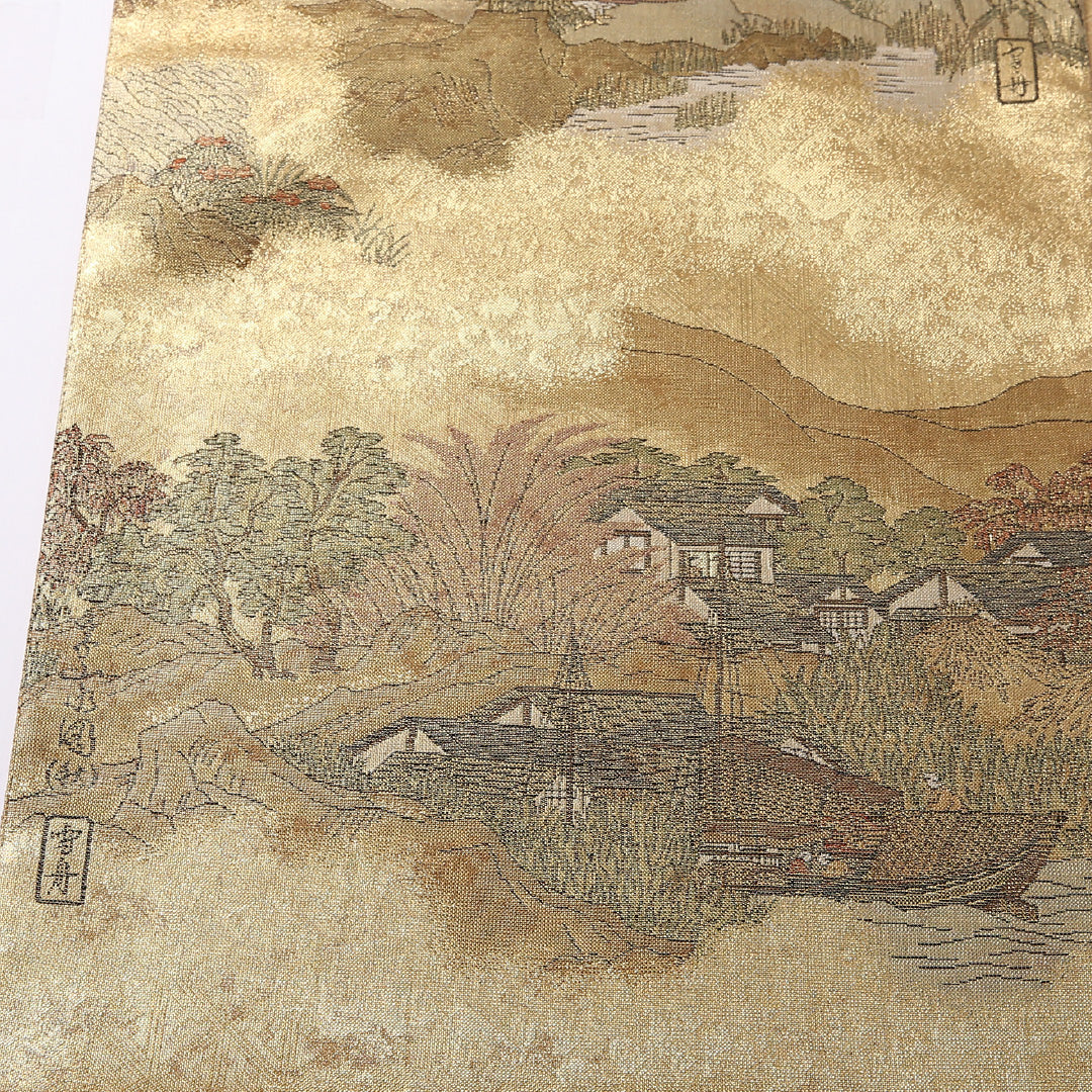 袋帯 帯丈430cm 正絹 全通 雪舟 セミフォーマル 綴れ織 四季山野 浮世絵 金系 1243-01623
