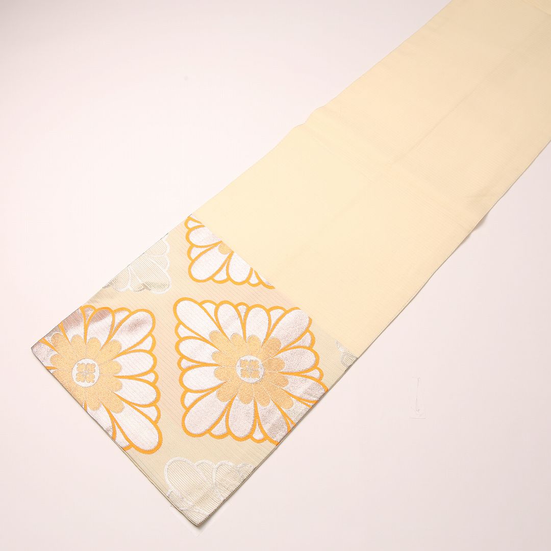 夏物 袋帯 帯丈408cm 正絹 六通 セミフォーマル 花菱 クリーム系 1243-02463