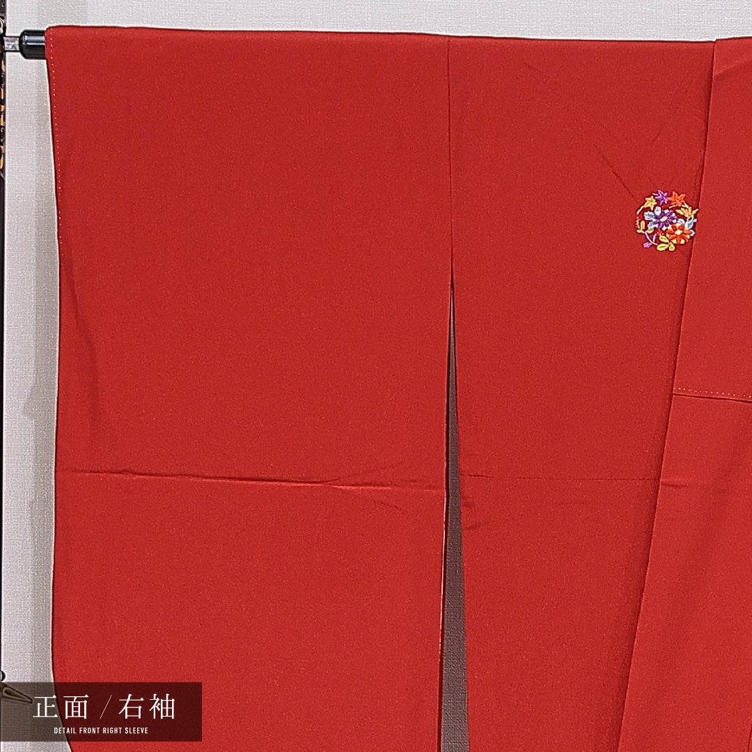 洗える着物 小振袖 袷 身丈164cm 裄丈68cm ポリエステル Sランク セミフォーマル 広衿 Lサイズ 刺繍 菊 紅葉 赤系 RP 1216-07053
