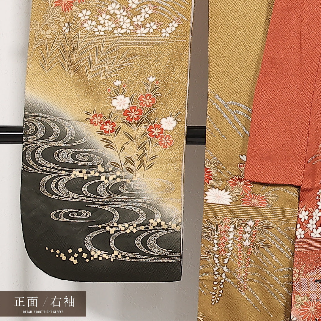 振袖 袷 身丈168cm 裄丈66cm 正絹 Sランク フォーマル 広衿 Lサイズ 金彩 金駒刺繍 御所車 赤系 RP 1215-17394