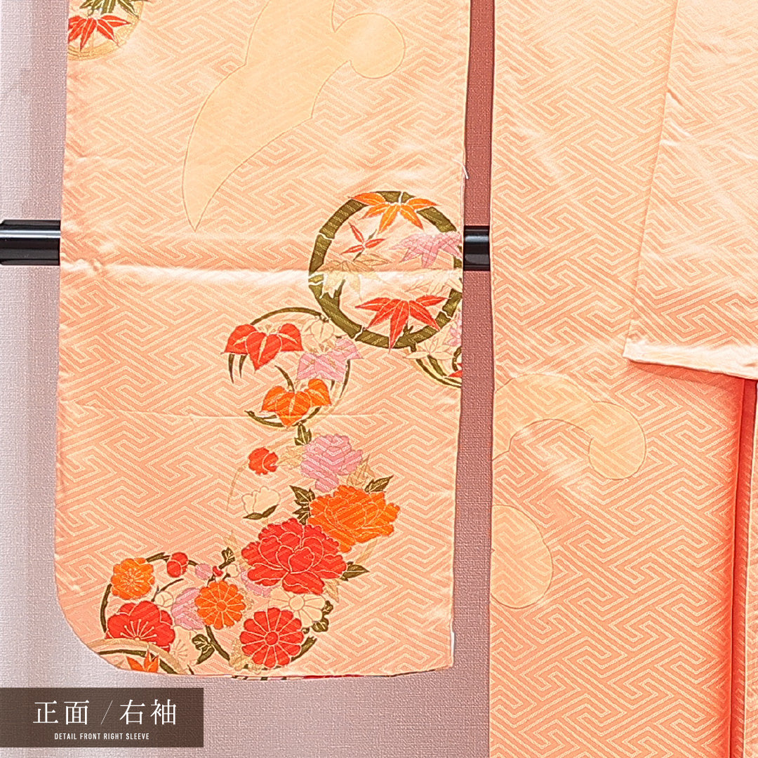 振袖 袷 身丈165cm 裄丈67cm 正絹 Cランク フォーマル 広衿 XLサイズ 光悦垣 丸文 朱系 LP 1215-07045