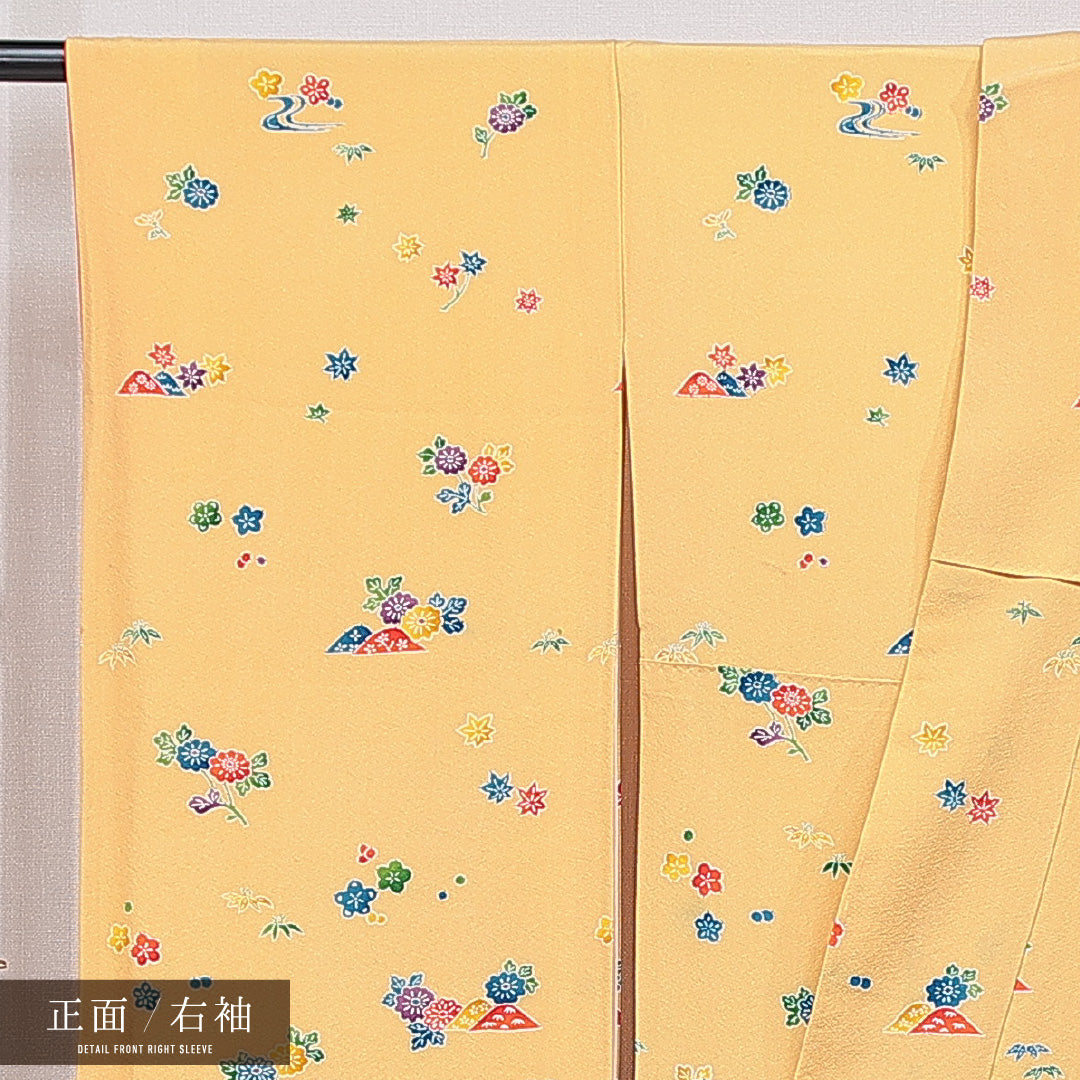 洗える着物 振袖 袷 身丈160cm 裄丈64cm ポリエステル Cランク フォーマル 広衿 Lサイズ 菊 紅葉 黄系 HP 1215-06990