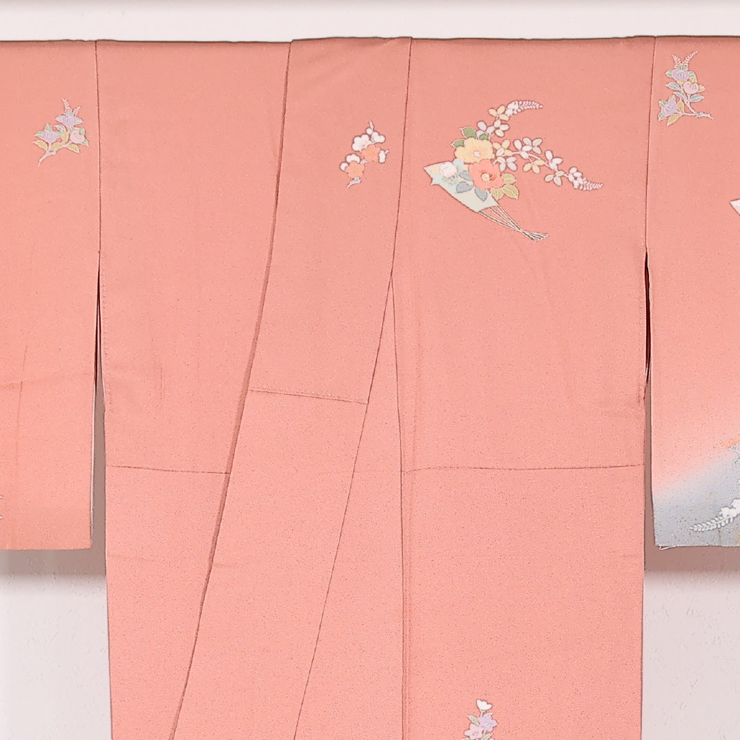 訪問着 袷 身丈155cm 裄丈64cm 正絹 Sランク セミフォーマル 広衿 Mサイズ 花扇 ピンク系 RP 1217-17527