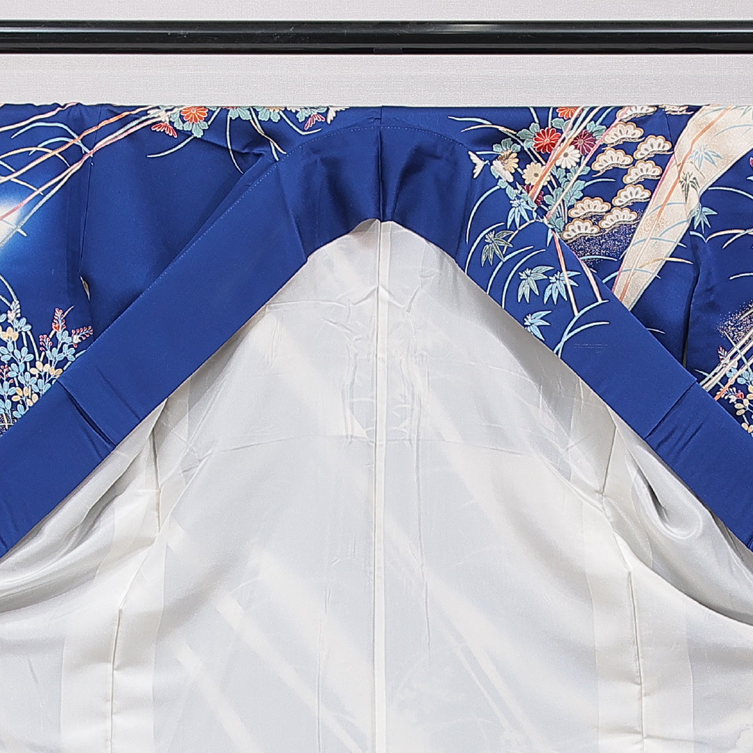 振袖 袷 身丈158cm 裄丈63cm 正絹 Aランク フォーマル 広衿 Mサイズ 金駒刺繍 扇面文 鶴 牡丹 青系 RP 1215-06995