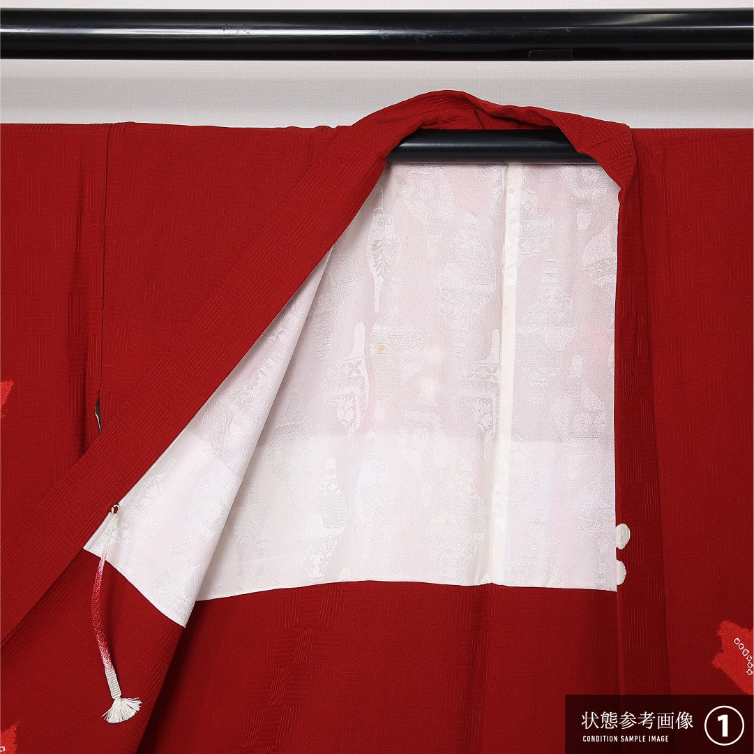 羽織 袷 身丈79cm 裄丈64cm 正絹 Aランク カジュアル Mサイズ 紐あり 植物柄 赤系 RP 1232-12824