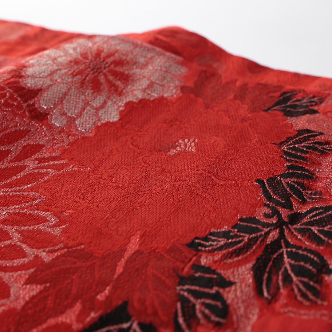 アンティーク 丸帯 帯丈374cm 全通 孔雀 牡丹 菊 吉祥文様 フォーマル 赤系 正絹 Aランク 1223-00726