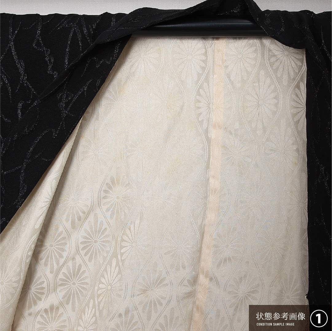 黒羽織 袷 身丈81cm 裄丈62cm 正絹 Aランク インフォーマル Sサイズ 漆糸 紐あり 創作柄 黒系 RP 1233-12749