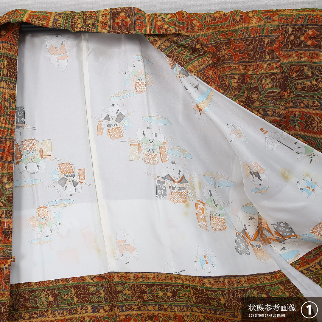 羽織 袷 身丈81cm 裄丈63cm 正絹 Aランク カジュアル Sサイズ 抽象柄 朱系 HP 1232-12102