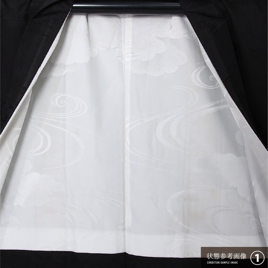 洗える着物 黒羽織 袷 身丈82cm 裄丈64cm ポリエステル Aランク 一つ紋 (五三桐) セミフォーマル Mサイズ 紐あり 流水 黒系 RP 1233-12745