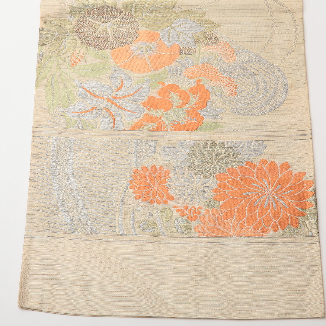 アンティーク 夏物 丸帯 帯丈412cm 正絹 六通 帯端のみ未仕立て 帯芯なし 朝顔 クリーム系 1242-01482
