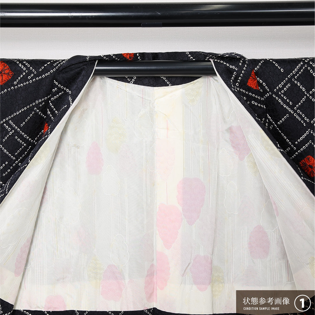 黒羽織 袷 身丈72cm 裄丈64cm 正絹 Aランク インフォーマル Mサイズ 紐あり 流水 黒系 RP 1233-12765