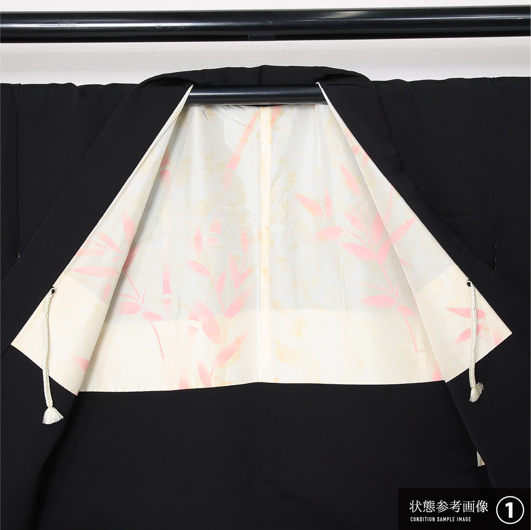黒羽織 袷 身丈75cm 裄丈64cm 正絹 Cランク 一つ紋 (花菱) セミフォーマル Mサイズ 紐あり 扇 牡丹 黒系 LP 1233-12833