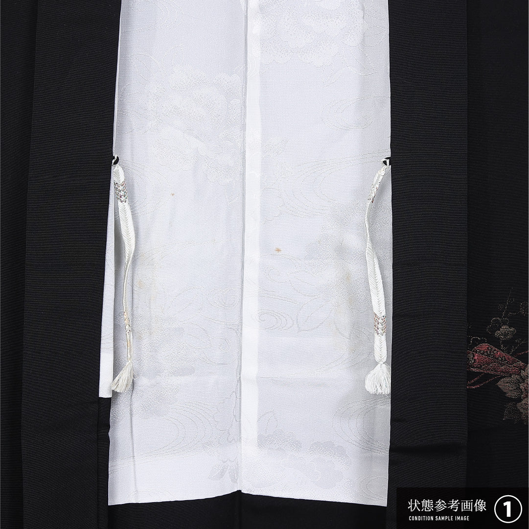 黒羽織 袷 身丈79cm 裄丈64cm 正絹 Aランク インフォーマル Mサイズ 金彩 紐あり 扇 牡丹 黒系 M4 1233-11128