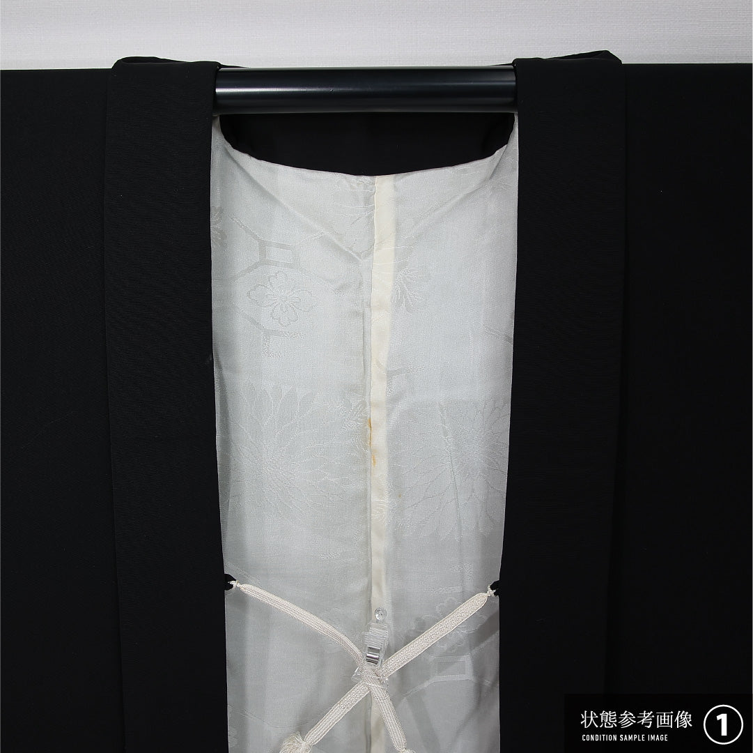 黒羽織 袷 身丈78cm 裄丈63cm 正絹 Aランク インフォーマル Sサイズ 刺繍 紐あり 木瓜 黒系 RP 1233-12594