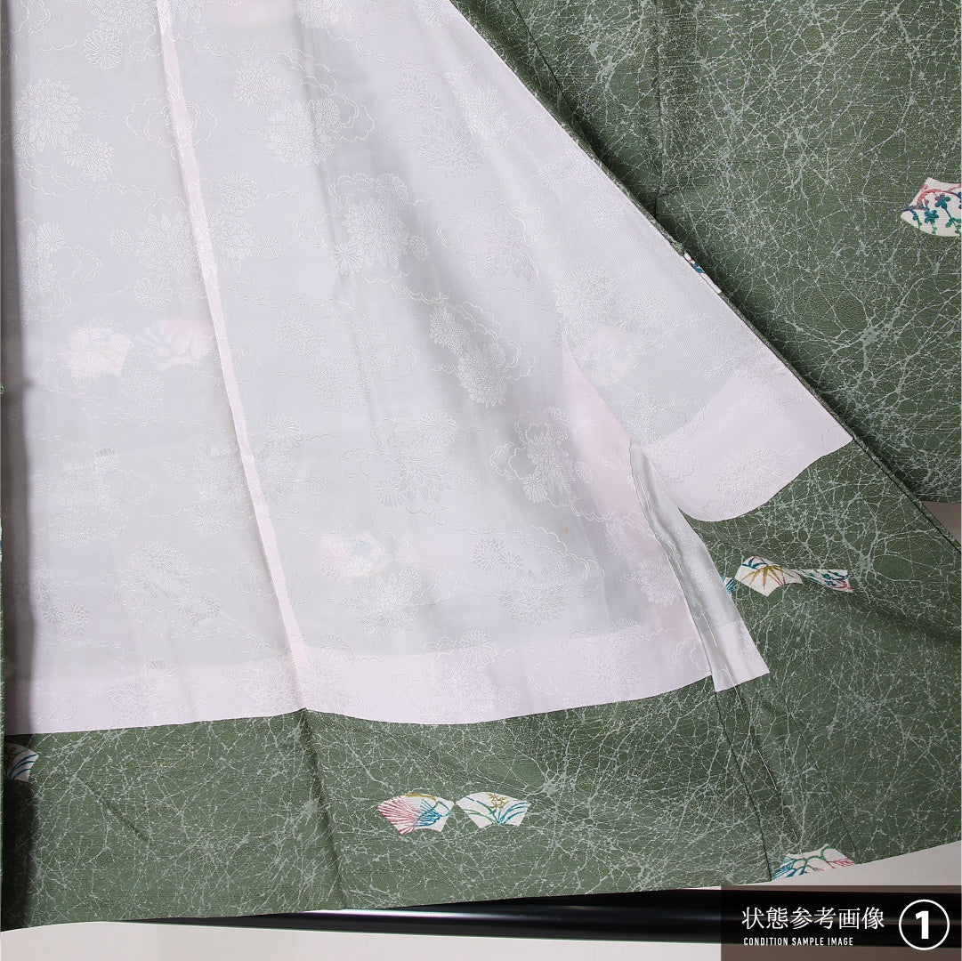 洗える着物 羽織 袷 身丈81cm 裄丈64cm ポリエステル Aランク カジュアル Mサイズ 扇 松竹梅 緑系 HP 1232-12796