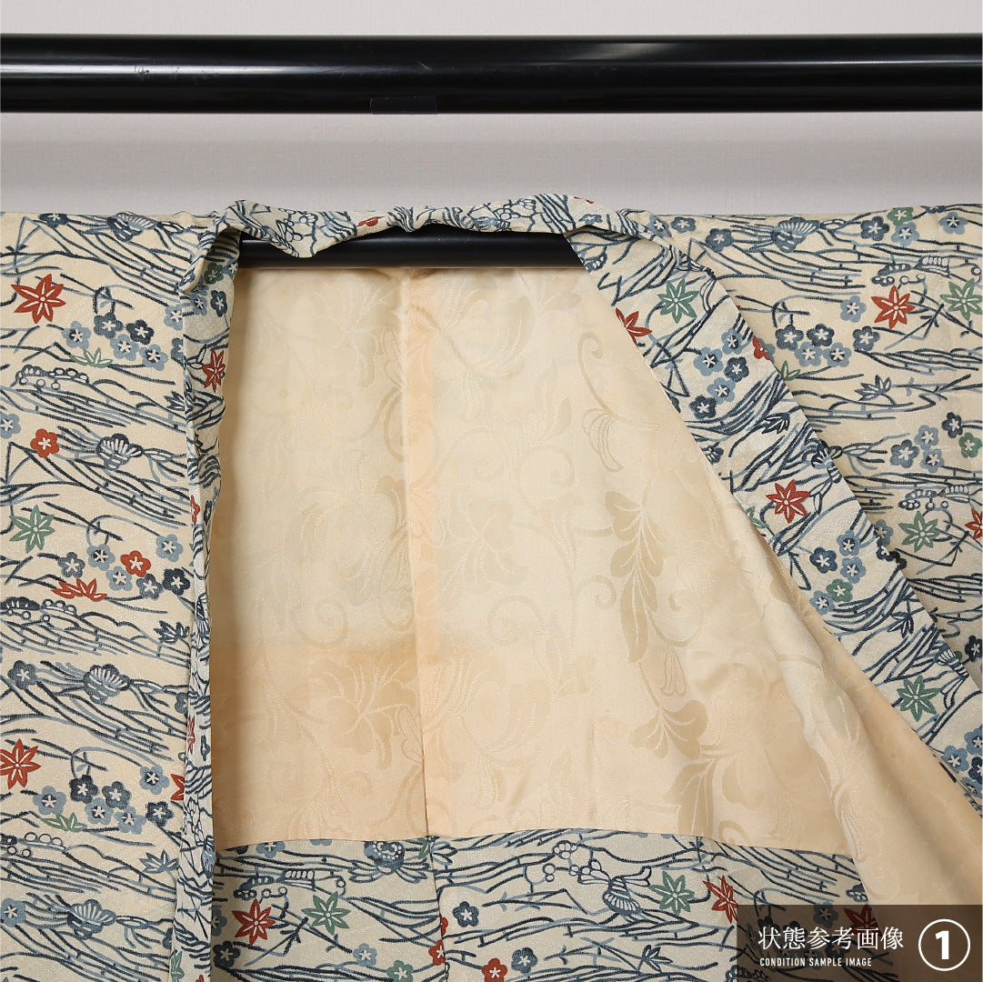 羽織 袷 身丈83cm 裄丈63cm 正絹 Aランク カジュアル Sサイズ 紐あり 梅 紅葉 クリーム系 RP 1232-12793