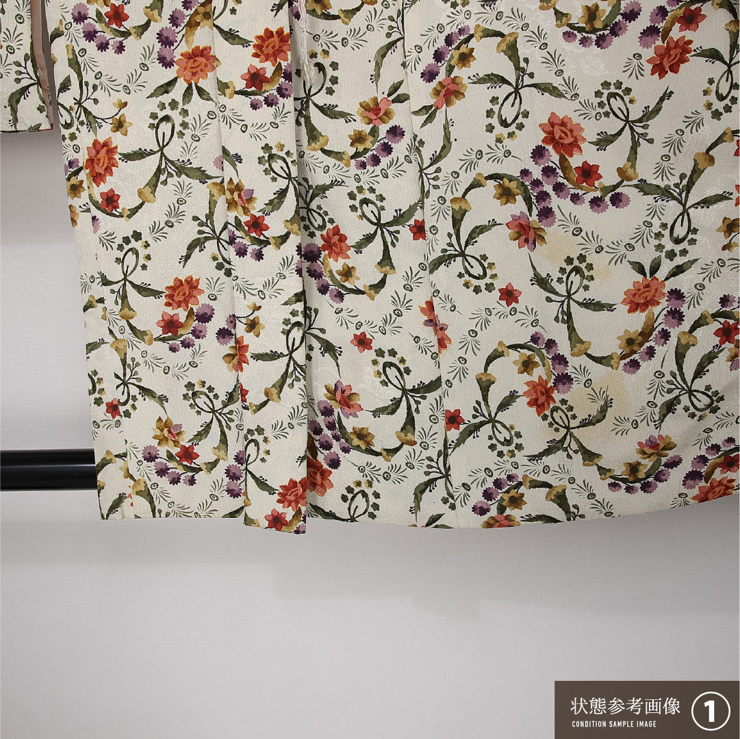 羽織 袷 身丈83cm 裄丈64cm 正絹 Aランク カジュアル Mサイズ 紐あり 撫子 ダリア カーネーション クリーム系 M4 1232-12615