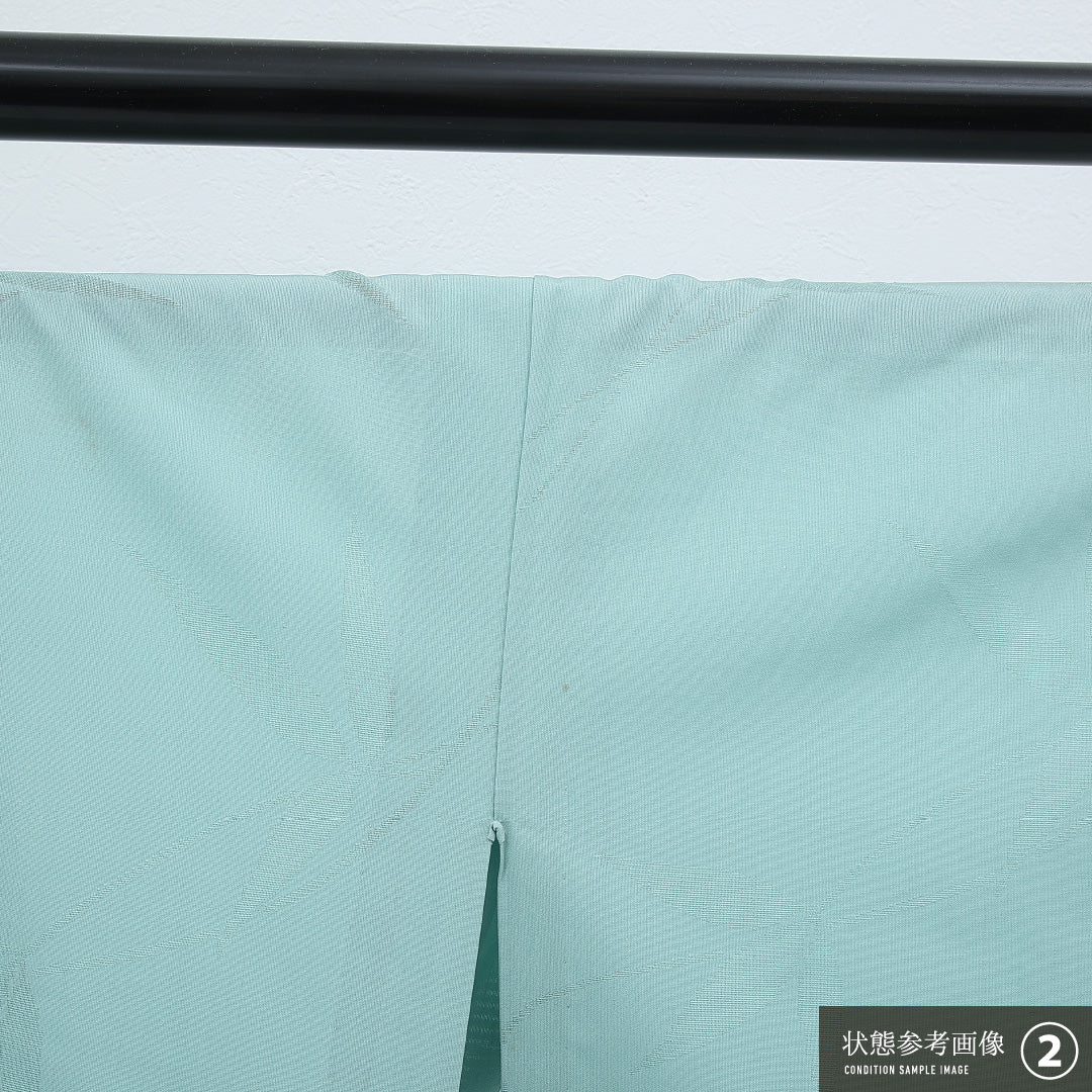 色無地 (紬) 単衣 身丈158cm 裄丈62cm 正絹 Aランク インフォーマル バチ衿 Mサイズ 笹 緑系 RP 1219-17264