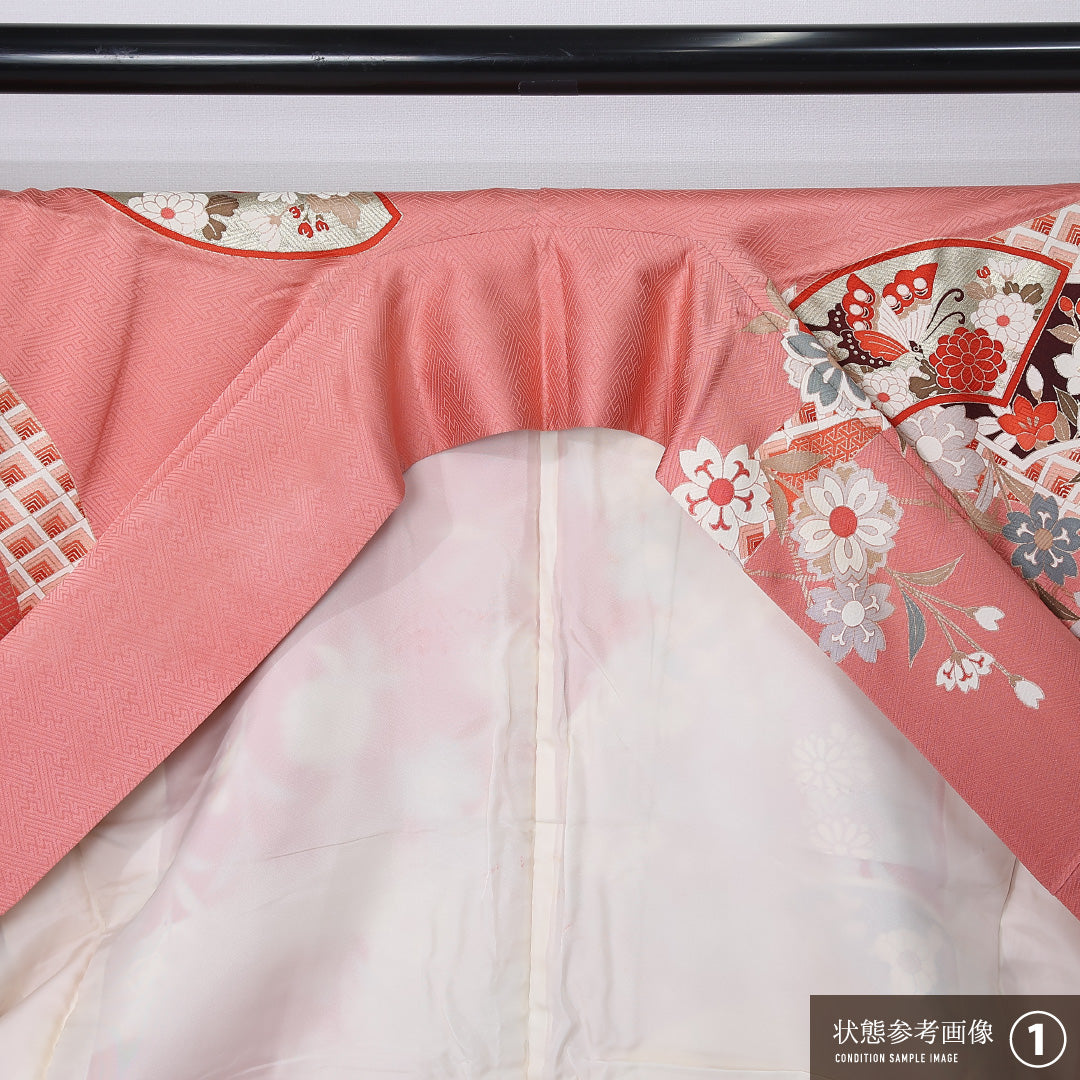 振袖 袷 身丈166cm 裄丈65cm 正絹 Aランク フォーマル 広衿 XLサイズ 蝶 椿 吉祥文様 ピンク系 RP 1215-06757