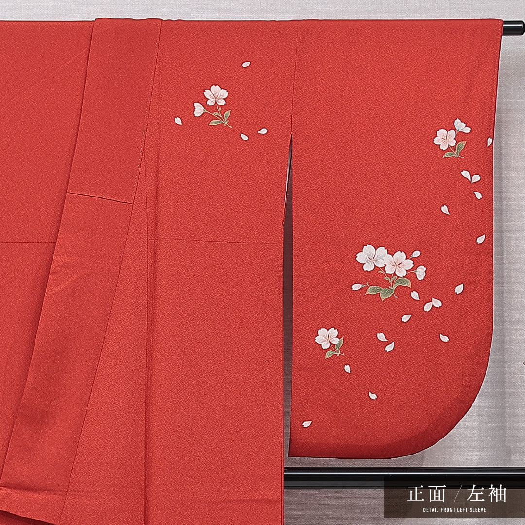 洗える着物 小振袖 袷 身丈165cm 裄丈66cm ポリエステル Sランク セミフォーマル 広衿 XLサイズ 桜 朱系 RP 1216-07068