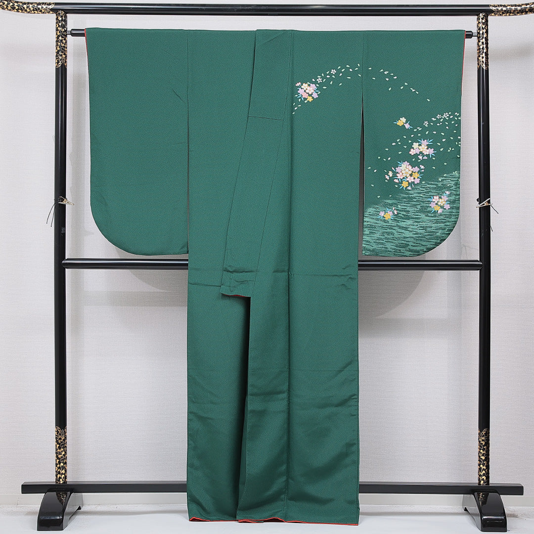 洗える着物 小振袖 袷 身丈164cm 裄丈65cm ポリエステル Sランク セミフォーマル 広衿 Lサイズ 桜 緑系 RP 1216-07074