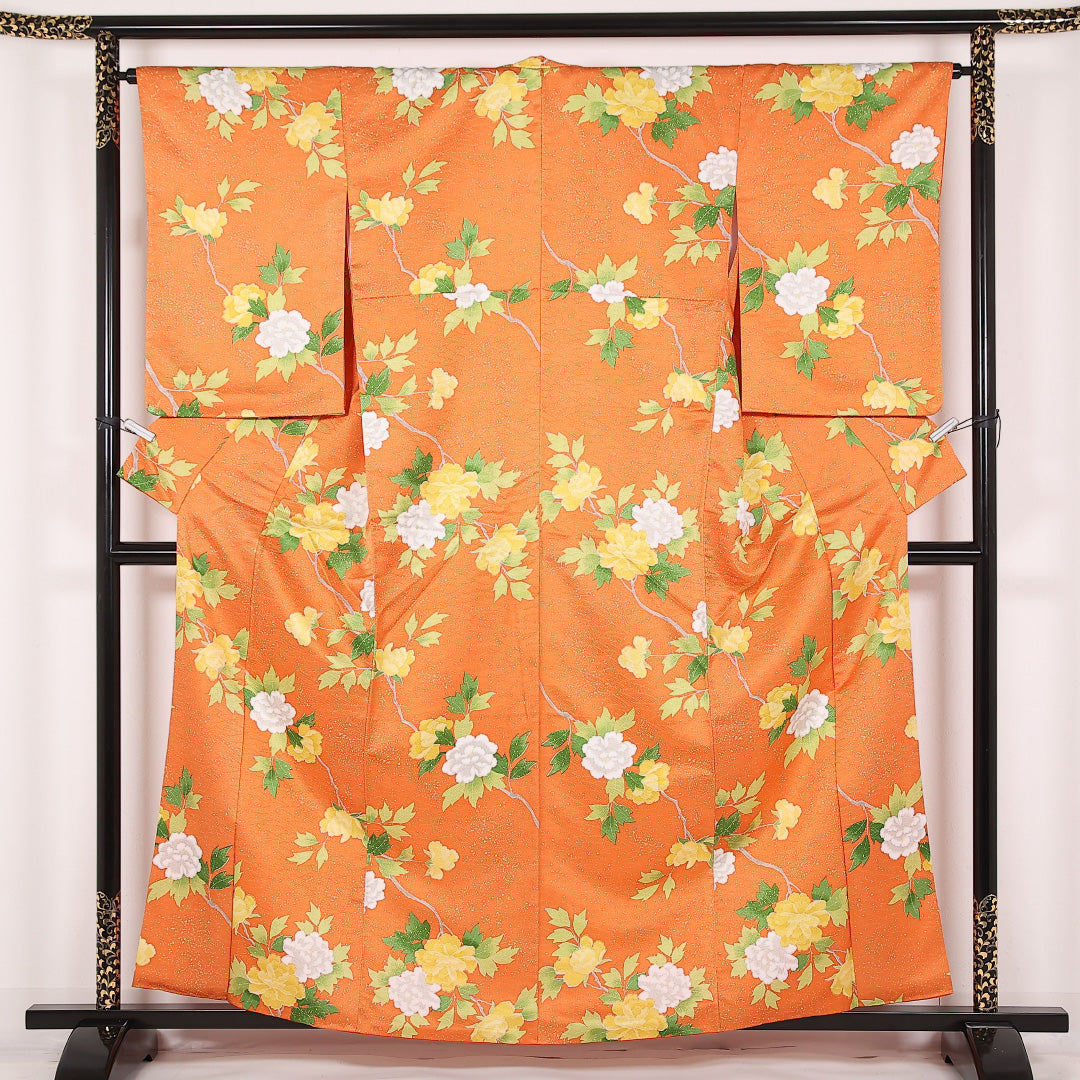 洗える着物 小紋 袷 身丈158cm 裄丈64cm ポリエステル Sランク 紋意匠 (荒磯) インフォーマル 広衿 Lサイズ 牡丹 朱系 RP 1221-17514