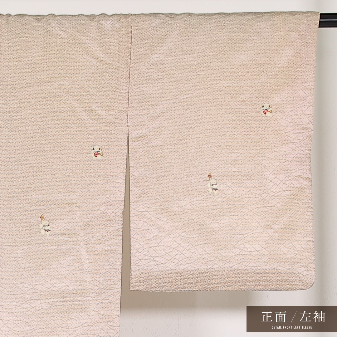洗える着物 小紋 袷 身丈168cm 裄丈64cm ポリエステル Sランク インフォーマル 広衿 Lサイズ 唐子 クリーム系 RP 1221-17458
