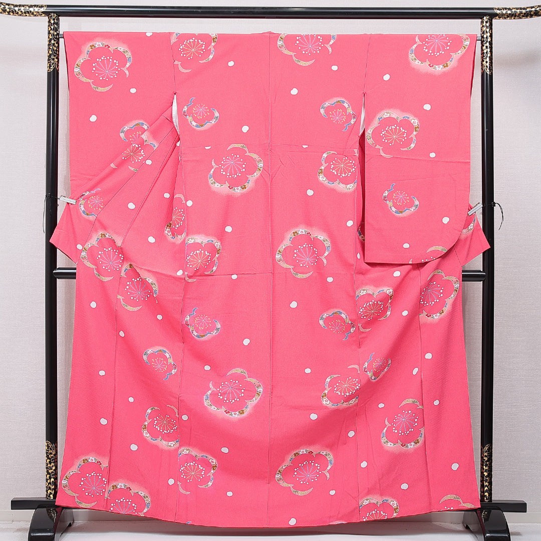 小振袖 袷 身丈163cm 裄丈65cm 正絹 Cランク セミフォーマル 広衿 Lサイズ 梅 ピンク系 LP 1216-07032
