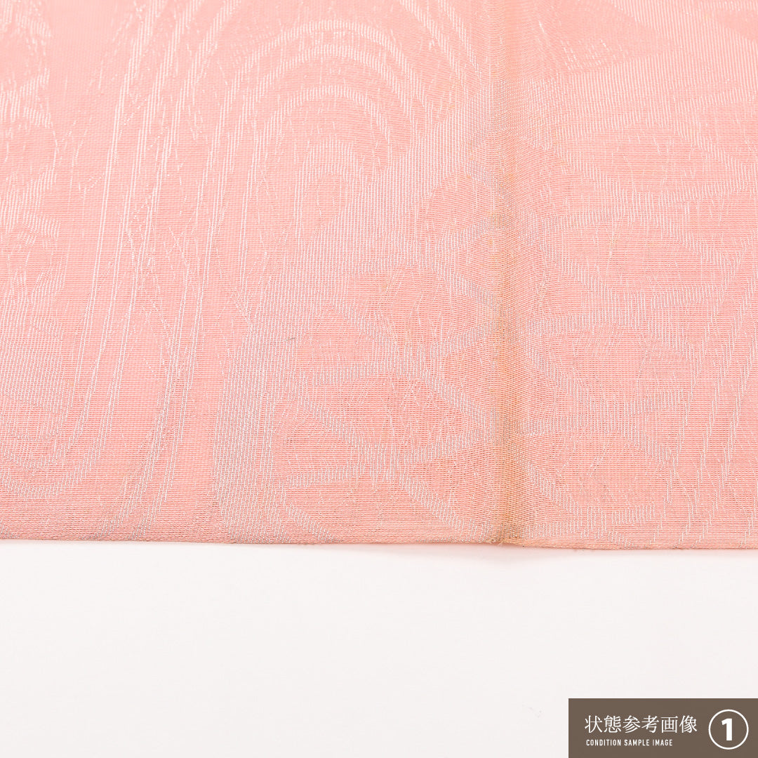 夏物 本袋帯 帯丈444cm 正絹 六通 証紙番号56 洛陽織物(旧滋賀辰) セミフォーマル 光悦垣 流水 証紙 ピンク系 1243-02468