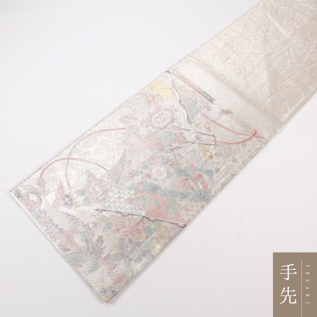 袋帯 帯丈432cm 正絹 六通 フォーマル 佐賀錦 花車 ベージュ系 1243-02552