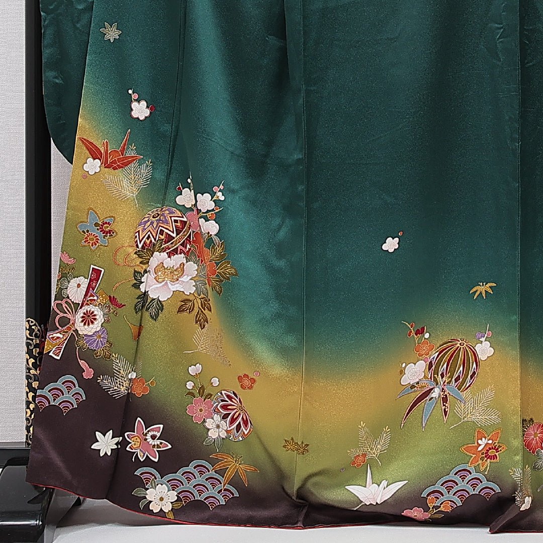 振袖 袷 身丈167cm 裄丈71cm 正絹 Aランク フォーマル 広衿 XLサイズ 毬 牡丹 緑系 RP 1215-06985