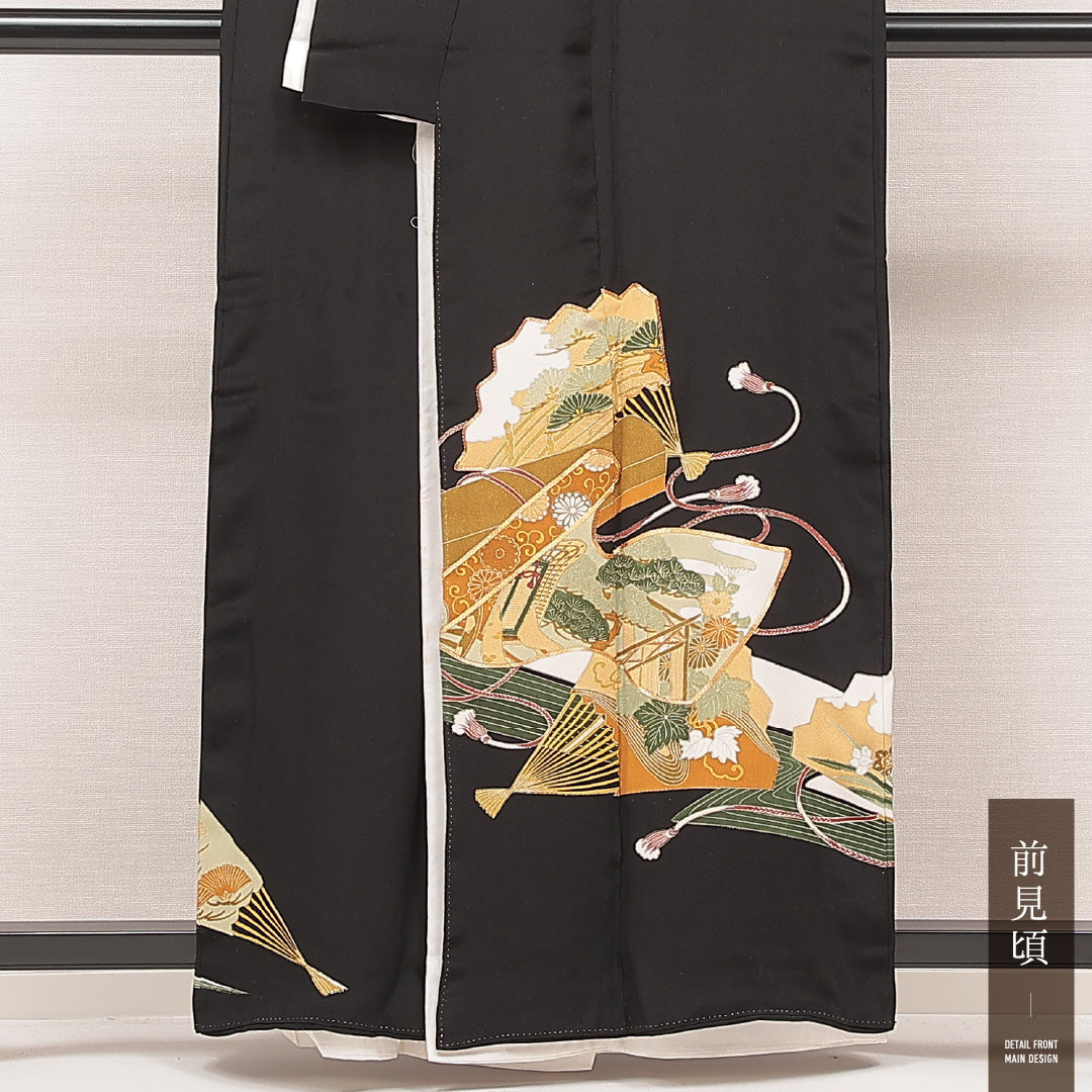 黒留袖 袷 身丈160cm 裄丈61cm 正絹 Aランク 五つ紋 (五三桐) フォーマル 広衿 Lサイズ 金彩 比翼 扇面文 茶屋辻 黒系 RP 1213-07107
