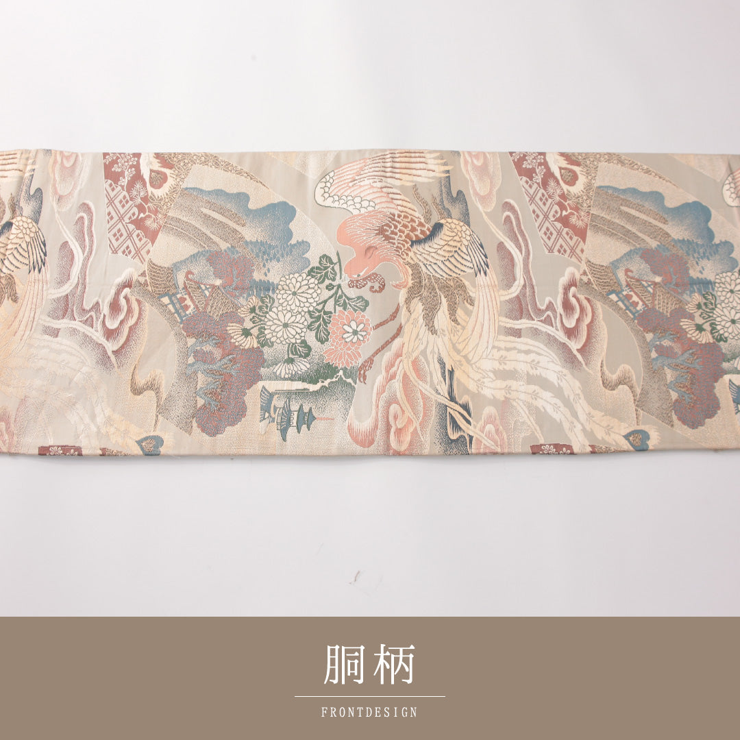アンティーク 丸帯 帯丈386cm 正絹 全通 花喰鳥 楼閣 ベージュ系 金系 1242-02424