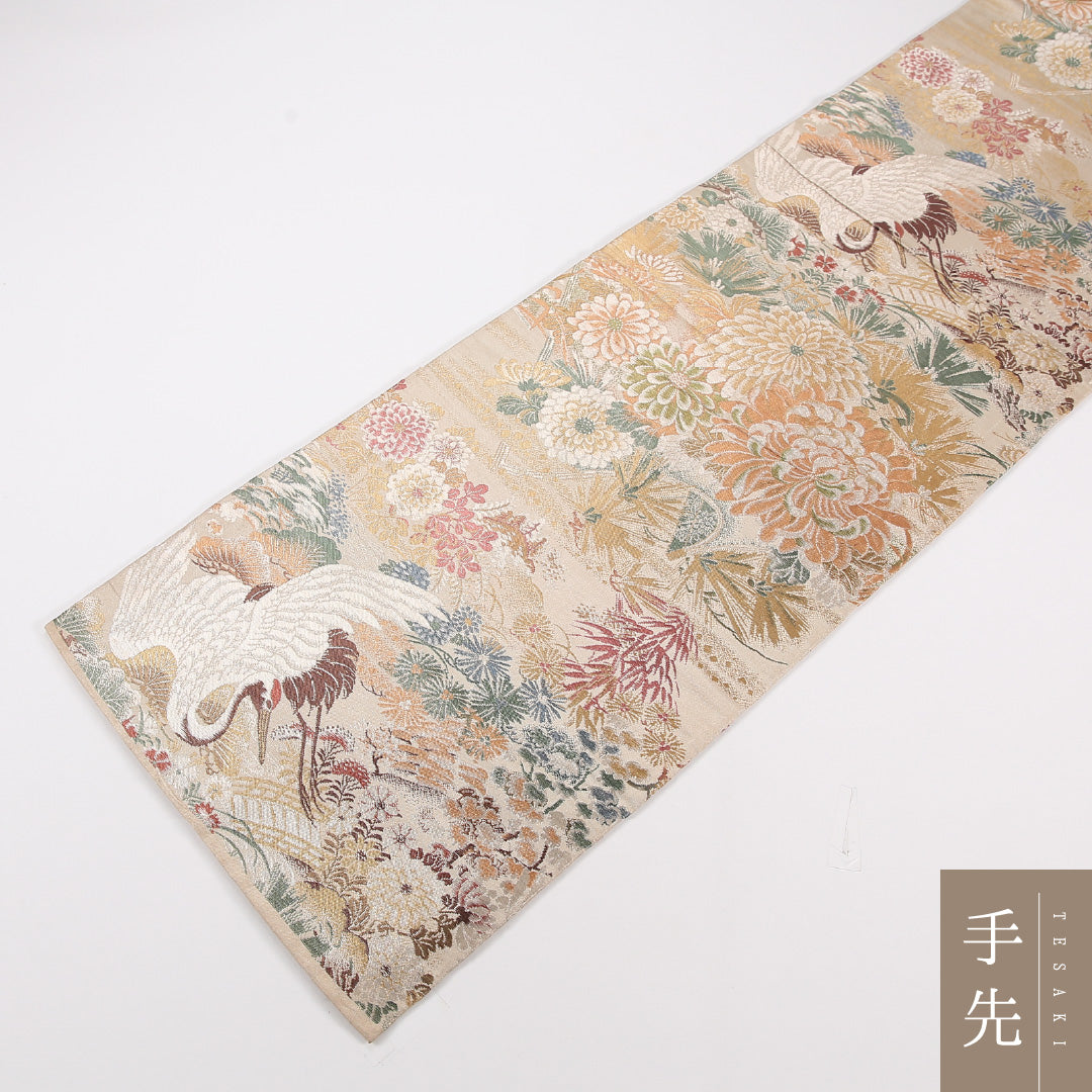 アンティーク 丸帯 帯丈392cm 正絹 全通 鶴 菊 クリーム系 1242-02570