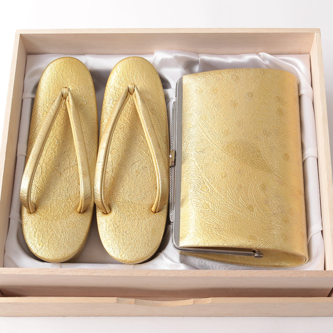 新古品 草履・バッグセット Nランク 礼装用 正絹 本革 共箱 和装小物 金系 1241-01000