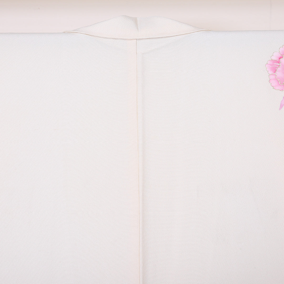 訪問着 袷 身丈161cm 裄丈62cm 正絹 Cランク Lサイズ 広衿 セミフォーマル 牡丹 金駒刺繍 クリーム系 1212-04478