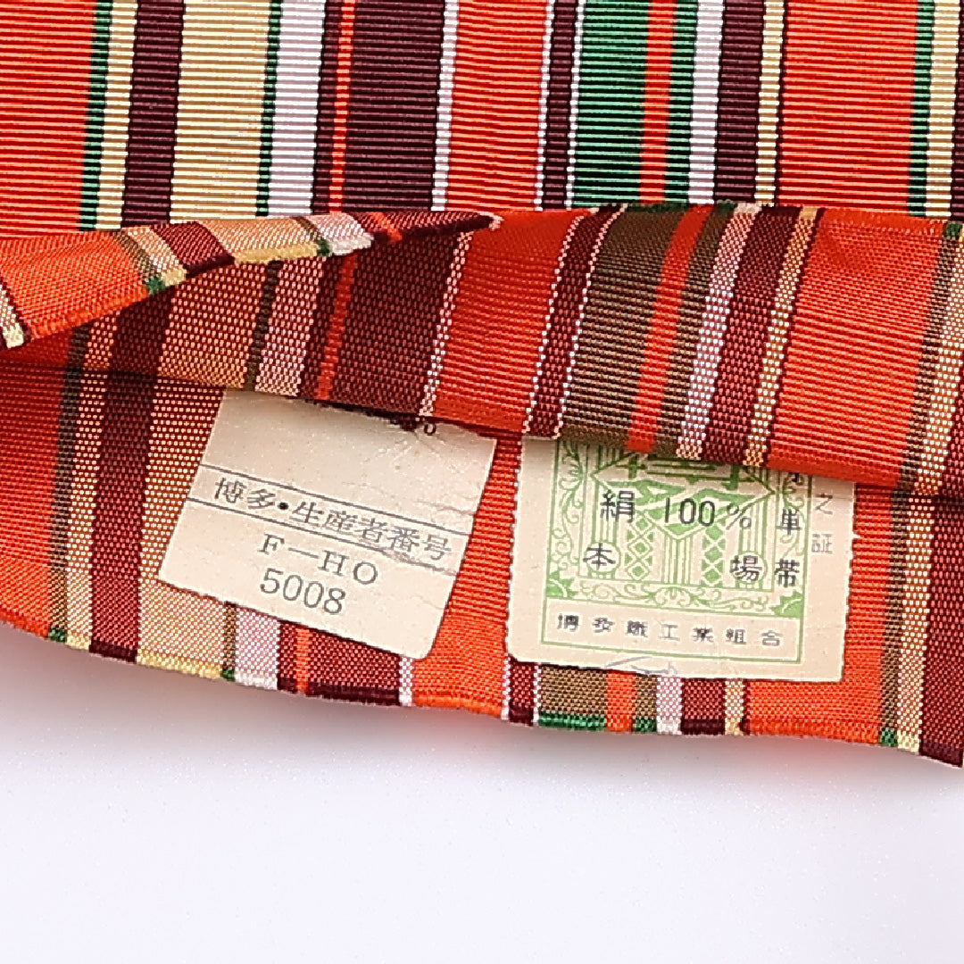 半幅帯 帯丈352cm 博多織 全通 単衣帯 縞 正絹 朱系 Sランク 1225-000268