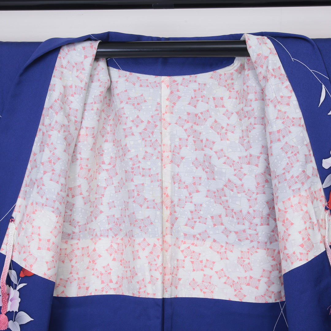 羽織 袷 身丈82cm 裄丈65cm 正絹 Sランク Mサイズ カジュアル 紐あり 植物柄 青系 1217-05935