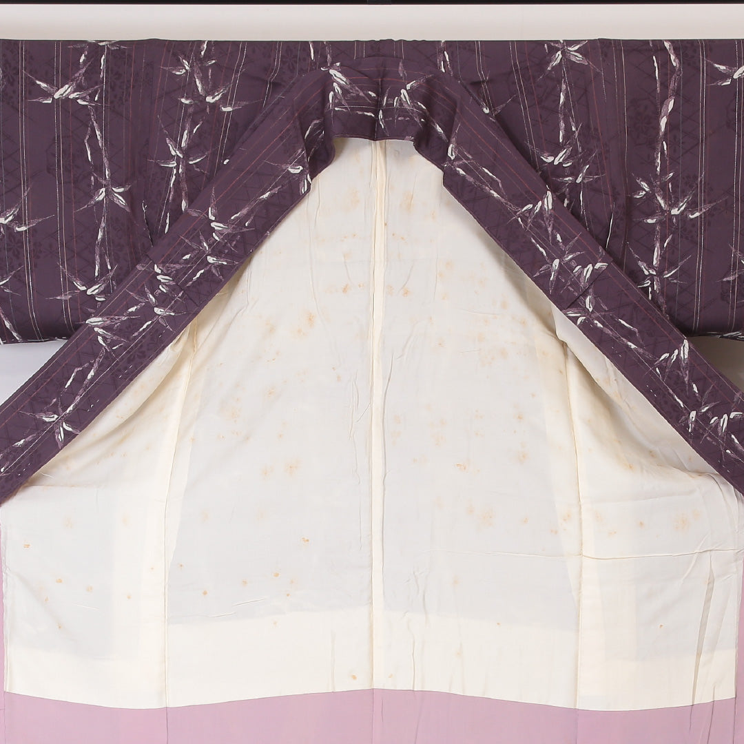 アンティーク 小紋 袷 身丈149cm 裄丈61cm 正絹 Bランク XSサイズ 広衿 笹 紫系 1215-02092