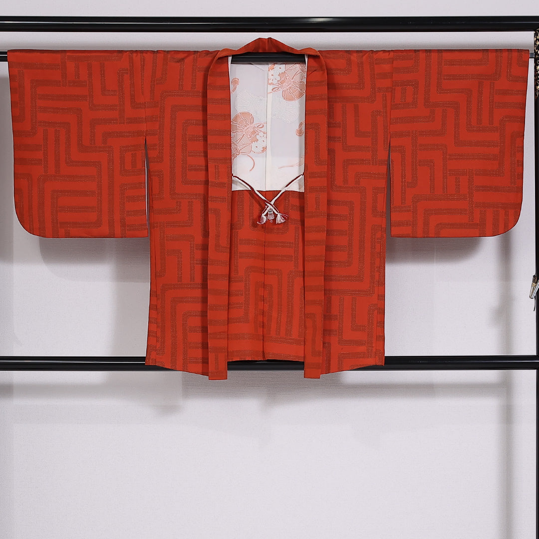 アンサンブル 紬 袷 身丈168.5cm 裄65.5cm 正絹 紐あり 幾何学 真綿紬 朱系 Sランク 1216-01445