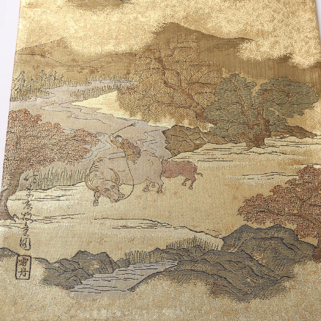 袋帯 帯丈430cm 正絹 全通 雪舟 セミフォーマル 綴れ織 四季山野 浮世絵 金系 1243-01623