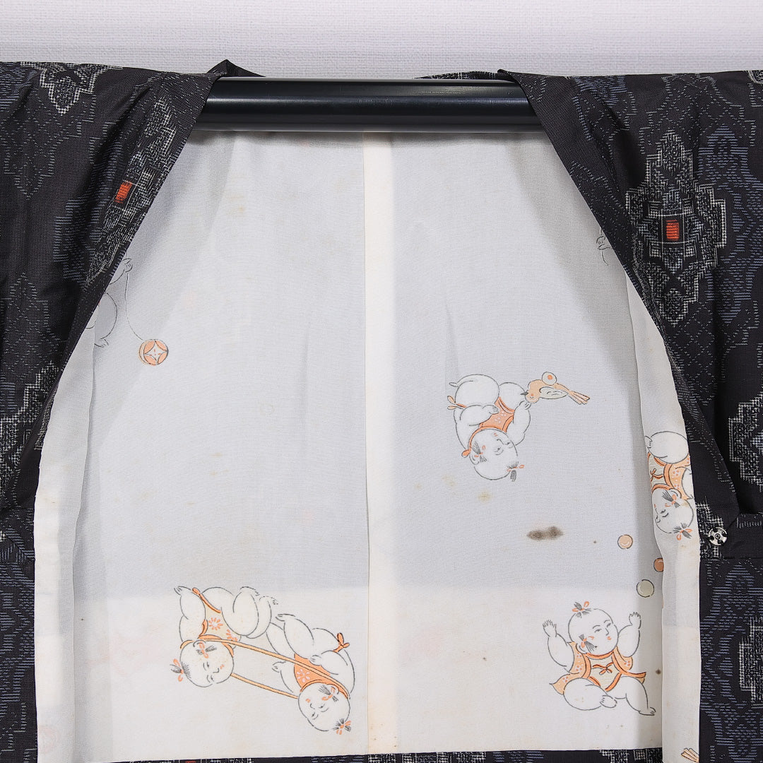 道行コート (大島紬) 袷 身丈85cm 裄丈63cm 正絹 Sランク インフォーマル Sサイズ 経緯絣 幾何学柄 黒系 RP 1237-10777
