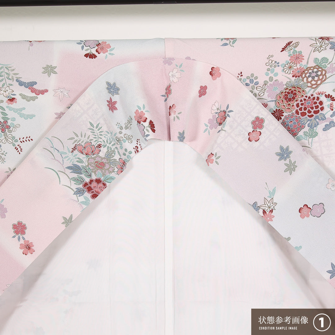 洗える着物 小紋 袷 身丈167cm 裄丈65cm ポリエステル Sランク インフォーマル 広衿 Sサイズ 菊 ピンク系 RP 1221-17550