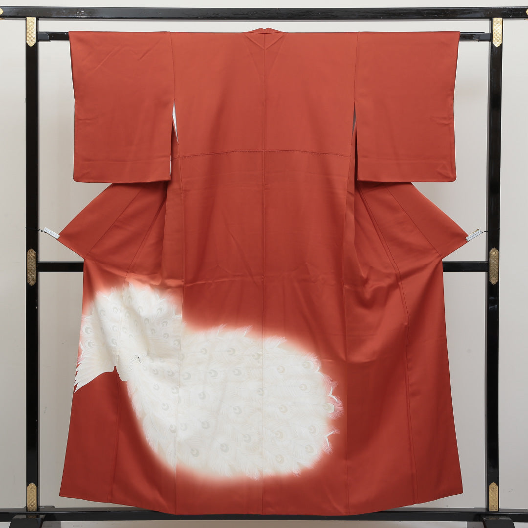 アンティーク 色留袖 袷 身丈155cm 裄丈62cm 正絹 Cランク 広衿 Mサイズ 刺繍 孔雀 朱系 RP 1214-06416