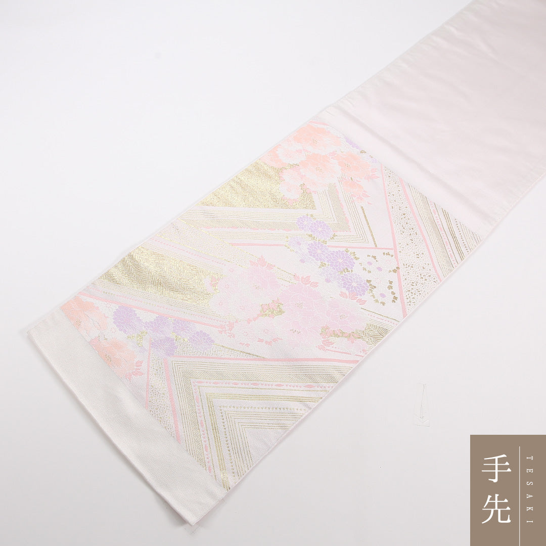 袋帯 帯丈436cm ポリエステル 六通 フォーマル 牡丹 クリーム系 ピンク系 1243-02546