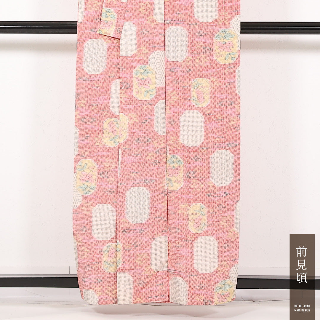 夏物 お召 身丈157cm 裄丈62cm 正絹 Sランク インフォーマル バチ衿 Mサイズ 花柄 ピンク系 RP 1222-17477